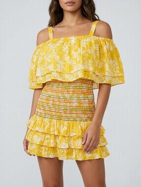 NWT Tularosa Roma Off Shoulder Floral Ruffle Mini Dress Yellow S